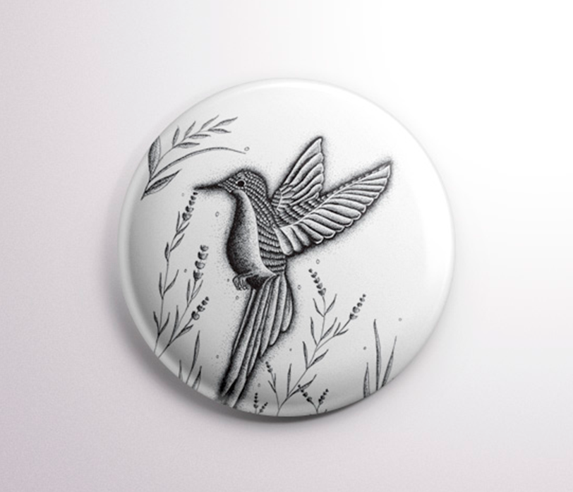 Badge colibri "un trait de plume" diamètre 32mm