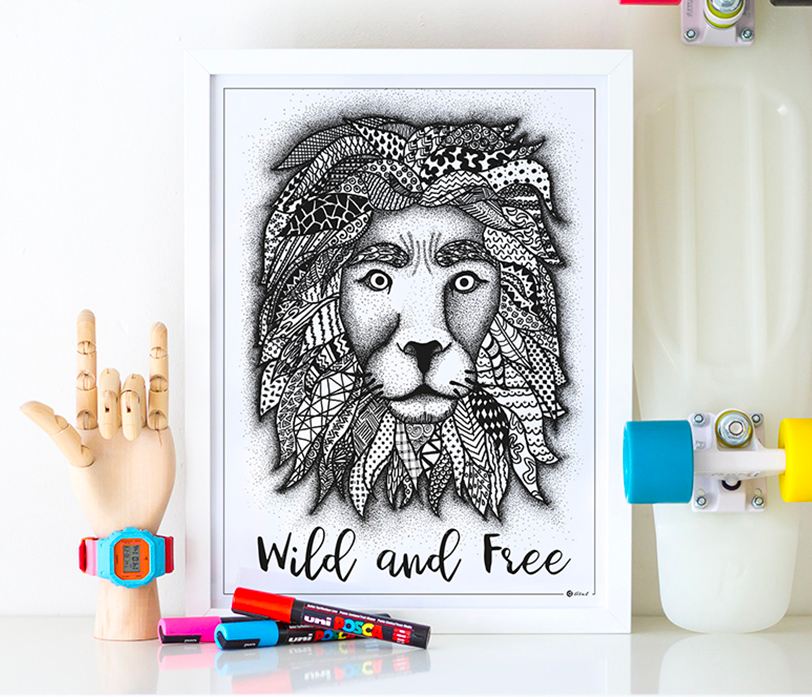 affiche illustration lion Wild and Free A3