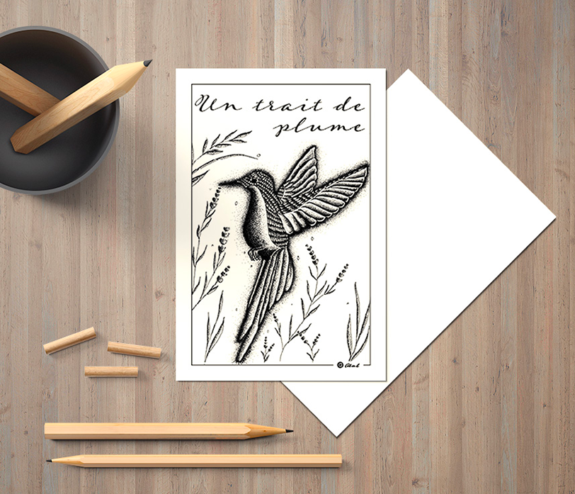 carte postale "un trait de plume" colibri made-in-France 10x15cm
